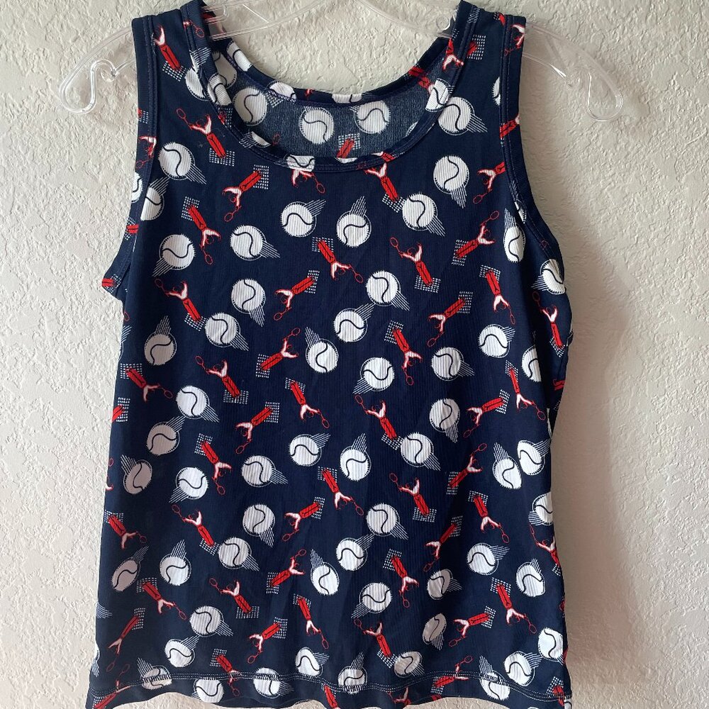 Vintage 1970s Tennis Theme Novelty Print Tank Top Modern Size M 36" B RWB
